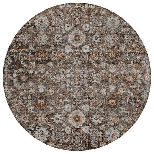 HomeRoots 5' Durable Dark Brown and Taupe Oriental Washable Area Rug for Indoor and Outdoor Use, Stylish & Practical 8' Round 580056