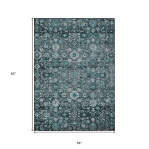 Homeroots 3' Navy Blue And Sky Blue Oriental Washable Rug - Durable Indoor Outdoor Design For Versatile Spaces 3' X 5' Polyester 580060