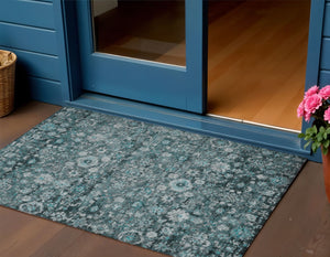 Homeroots 3' Navy Blue And Sky Blue Oriental Washable Rug - Durable Indoor Outdoor Design For Versatile Spaces 3' X 5' Polyester 580060