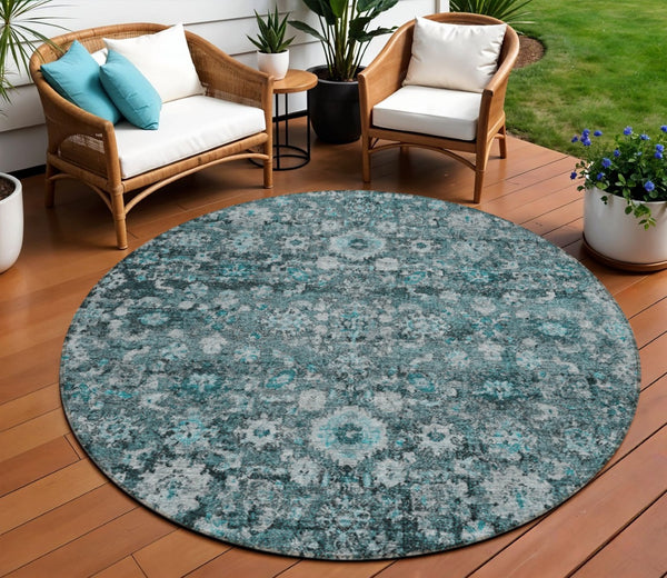 HomeRoots 5' Elegant Dark Green Aqua Charcoal Oriental Area Rug - Durable, Washable, Indoor/Outdoor Style 8' Round 580062