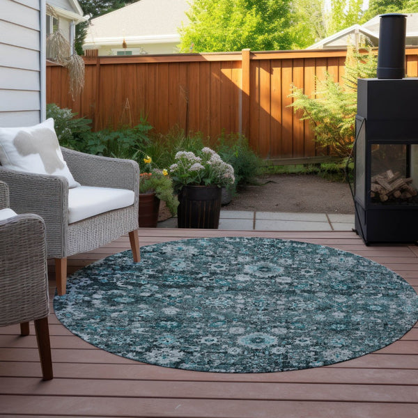 HomeRoots 5' Elegant Dark Green Aqua Charcoal Oriental Area Rug - Durable, Washable, Indoor/Outdoor Style 8' Round 580062