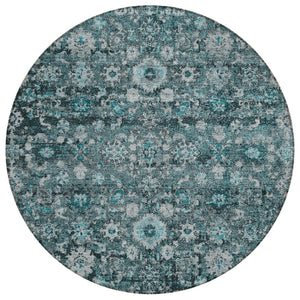 HomeRoots 5' Elegant Dark Green Aqua Charcoal Oriental Area Rug - Durable, Washable, Indoor/Outdoor Style 8' Round 580062