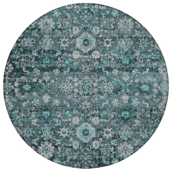 HomeRoots 5' Elegant Dark Green Aqua Charcoal Oriental Area Rug - Durable, Washable, Indoor/Outdoor Style 8' Round 580062
