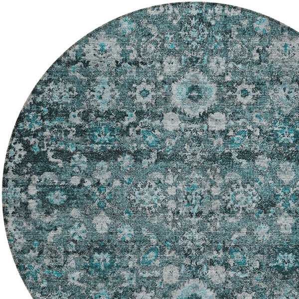HomeRoots 5' Elegant Dark Green Aqua Charcoal Oriental Area Rug - Durable, Washable, Indoor/Outdoor Style 8' Round 580062