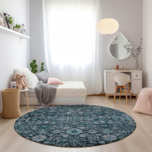 HomeRoots 5' Elegant Dark Green Aqua Charcoal Oriental Area Rug - Durable, Washable, Indoor/Outdoor Style 8' Round 580062