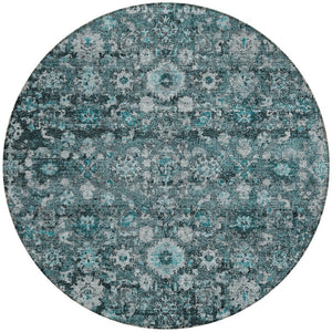 HomeRoots 5' Elegant Dark Green Aqua Charcoal Oriental Area Rug - Durable, Washable, Indoor/Outdoor Style 8' Round 580062