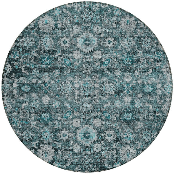 HomeRoots 5' Elegant Dark Green Aqua Charcoal Oriental Area Rug - Durable, Washable, Indoor/Outdoor Style 8' Round 580062
