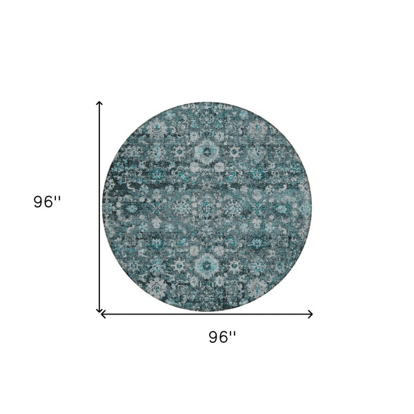 HomeRoots 5' Elegant Dark Green Aqua Charcoal Oriental Area Rug - Durable, Washable, Indoor/Outdoor Style 8' Round 580062
