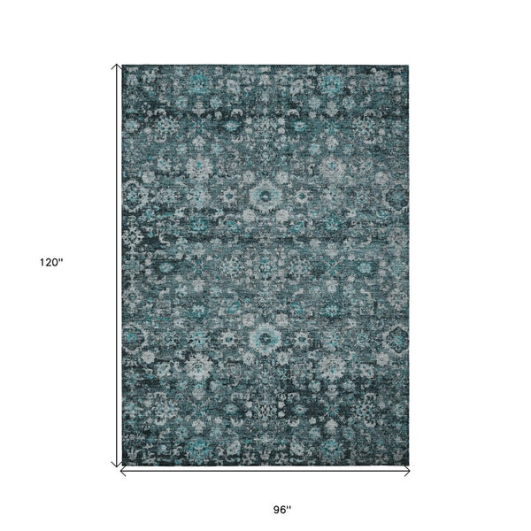 HomeRoots 5' Elegant Dark Green Aqua Charcoal Oriental Area Rug - Durable, Washable, Indoor/Outdoor Style 8' X 10' 580063