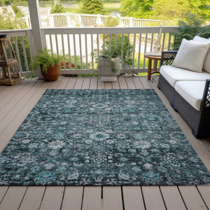 HomeRoots 5' Elegant Dark Green Aqua Charcoal Oriental Area Rug - Durable, Washable, Indoor/Outdoor Style 8' X 10' 580063