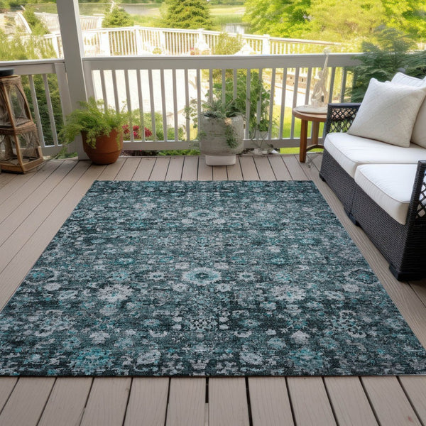 HomeRoots 5' Elegant Dark Green Aqua Charcoal Oriental Area Rug - Durable, Washable, Indoor/Outdoor Style 8' X 10' 580063