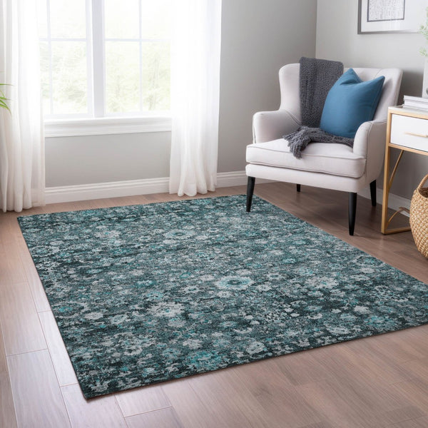 HomeRoots 5' Elegant Dark Green Aqua Charcoal Oriental Area Rug - Durable, Washable, Indoor/Outdoor Style 8' X 10' 580063