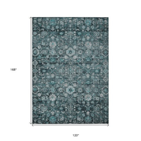 Homeroots 3' Navy Blue And Sky Blue Oriental Washable Rug - Durable Indoor Outdoor Design For Versatile Spaces 10' X 14' Polyester 580065