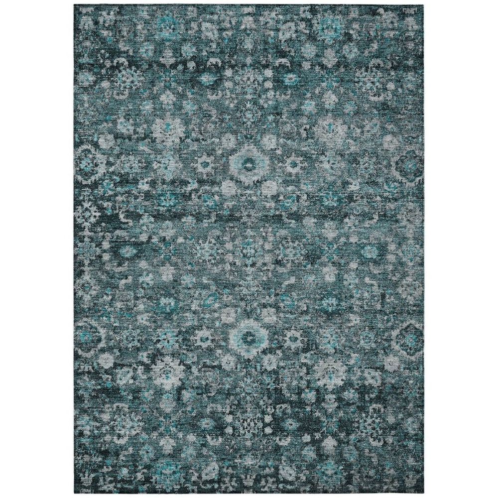 HomeRoots 5' Elegant Dark Green Aqua Charcoal Oriental Area Rug - Durable, Washable, Indoor/Outdoor Style 10' X 14' 580065
