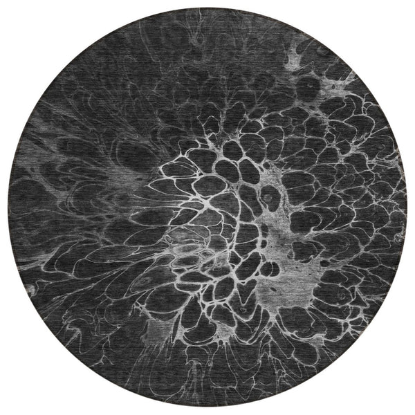 HomeRoots 5' Charcoal Gray and Silver Abstract Area Rug - Washable, Indoor/Outdoor, Modern Design for Easy Care 8' Round 580072
