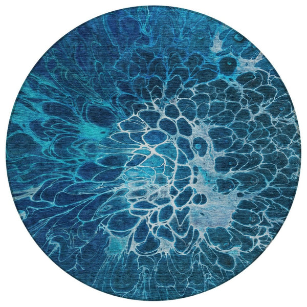 HomeRoots 5' Navy Blue and Sky Blue Abstract Area Rug - Stylish, Washable, Stain-Resistant for Indoor/Outdoor Use 8' Round 580090