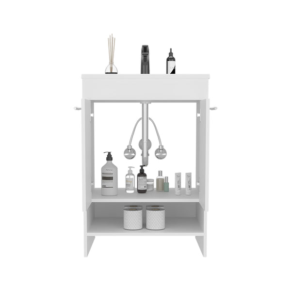 English Elm Lorenzo 60 cm White Floor Vanity with 4 Drawers & 2 Open Shelves — Compact Kronos Finish, Freestanding Storage B200P362050