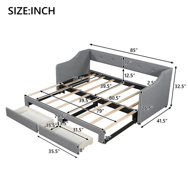 English Elm Twin XL Upholstered Daybed with Two Drawers — Convertible King Sofa Bed, Buttoned Back, Linen Upholstery Gray DL002056AAE