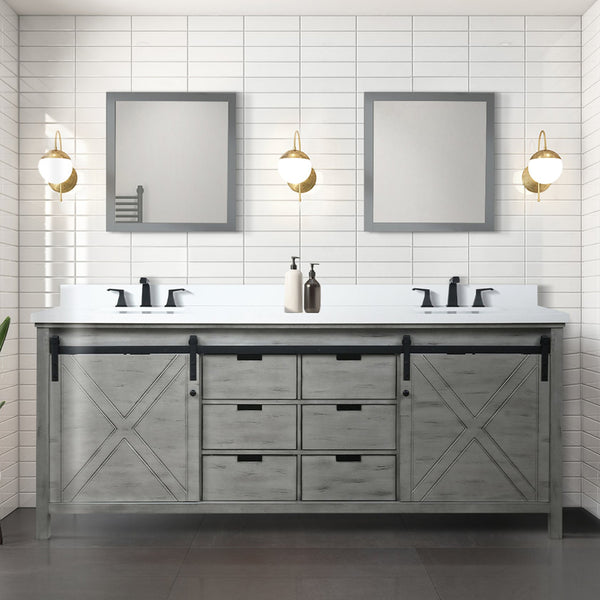 English Elm Ash Grey Double Bath Vanity 84" W x 22" D with White Quartz Top, Matte Black Faucets & 34" Mirrors B2731S01082