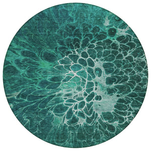 HomeRoots 5' Vibrant Teal Aqua Turquoise Abstract Washable Area Rug for Indoor and Outdoor Spaces 8' Round 580102