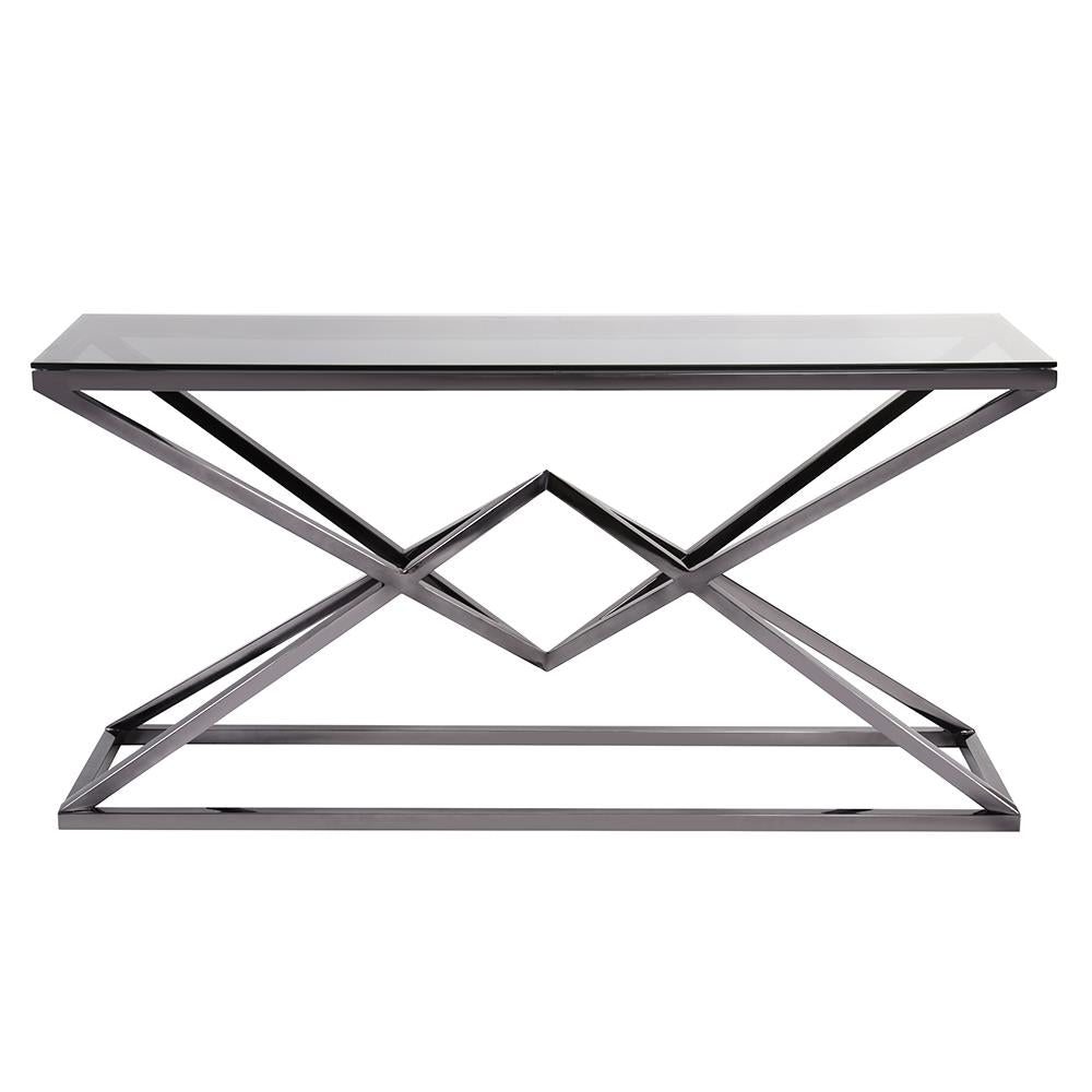 Howard Elliott Pinnacle Console Table – Stunning Black Nickel Base With Smoke Black Glass Top For Modern Elegance Black Stainless Steel ,Glass 58012-howard-elliott