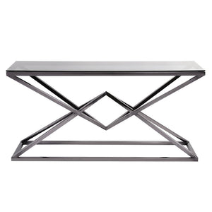 Howard Elliott Pinnacle Console Table – Stunning Black Nickel Base With Smoke Black Glass Top For Modern Elegance Black Stainless Steel ,Glass 58012-howard-elliott