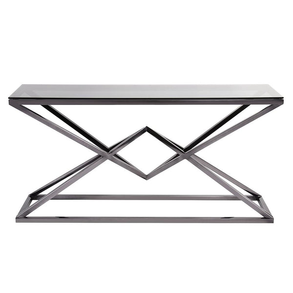 Howard Elliott Pinnacle Console Table – Stunning Black Nickel Base With Smoke Black Glass Top For Modern Elegance Black Stainless Steel ,Glass 58012-howard-elliott