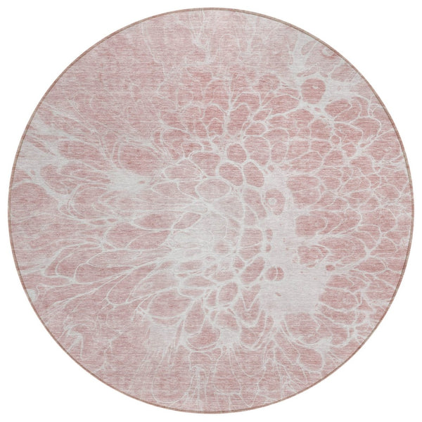 HomeRoots 5' Soft Pink Blush and Ivory Abstract Washable Area Rug for Stylish Indoor Outdoor Spaces 8' Round 580120