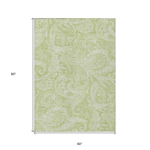 Homeroots 3' Stylish Green And Ivory Paisley Washable Area Rug For Indoor And Outdoor Spaces, Durable Design 5' X 8' Polyester 580143
