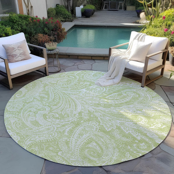Homeroots 3' Stylish Green And Ivory Paisley Washable Area Rug For Indoor And Outdoor Spaces, Durable Design 8' Round Polyester 580144