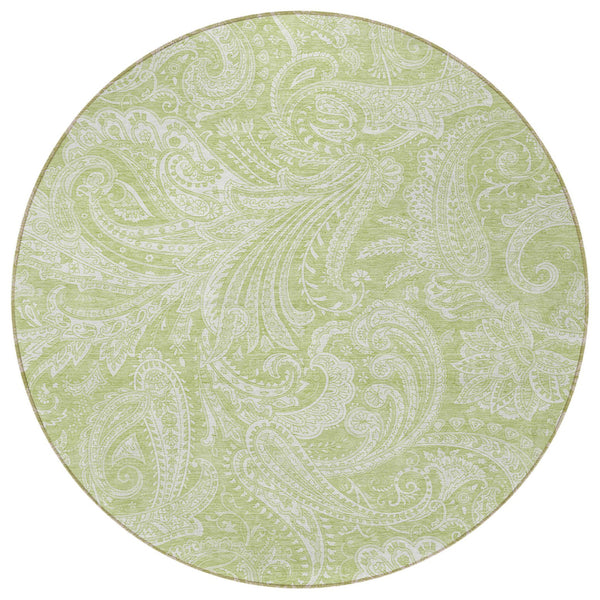 Homeroots 3' Stylish Green And Ivory Paisley Washable Area Rug For Indoor And Outdoor Spaces, Durable Design 8' Round Polyester 580144