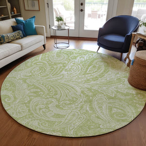 Homeroots 3' Stylish Green And Ivory Paisley Washable Area Rug For Indoor And Outdoor Spaces, Durable Design 8' Round Polyester 580144