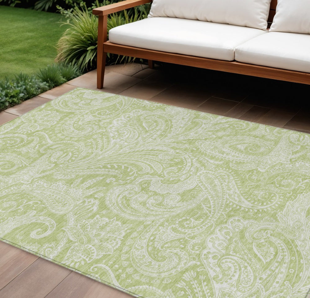 HomeRoots 9' Green and Ivory Paisley Area Rug - Durable, Washable Design for Indoor and Outdoor Spaces 9' X 12' 580146