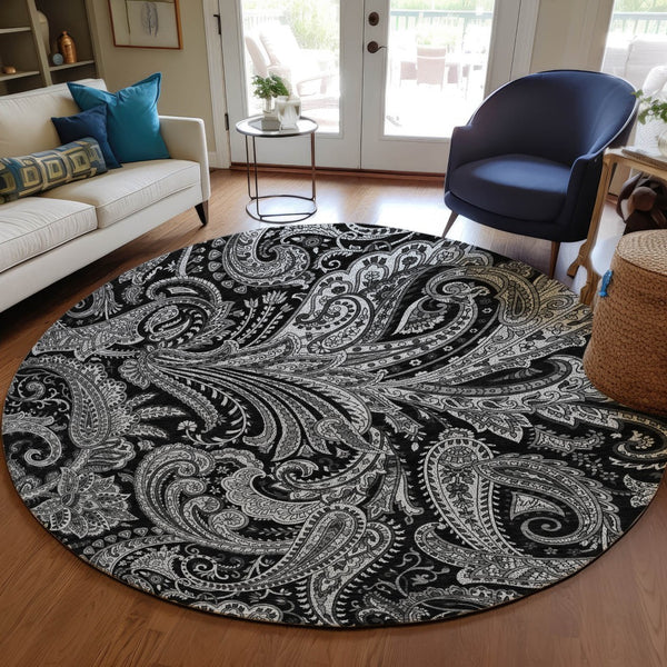 Homeroots 3' Stylish Green And Ivory Paisley Washable Area Rug For Indoor And Outdoor Spaces, Durable Design 8' Round Polyester 580150