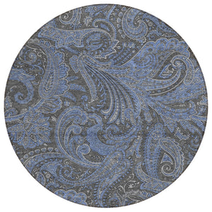 HomeRoots 5' Charcoal Gray and Blue Paisley Area Rug – Durable, Washable Design for Indoor and Outdoor Spaces 8' Round 580156
