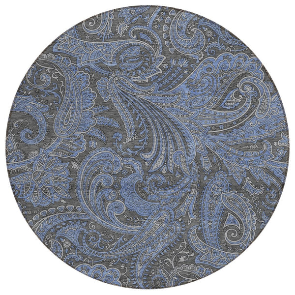 HomeRoots 5' Charcoal Gray and Blue Paisley Area Rug – Durable, Washable Design for Indoor and Outdoor Spaces 8' Round 580156