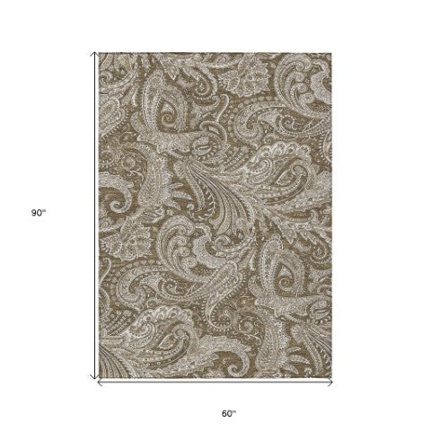 Homeroots 3' Stylish Green And Ivory Paisley Washable Area Rug For Indoor And Outdoor Spaces, Durable Design 5' X 8' Polyester 580161