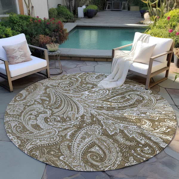 Homeroots 3' Stylish Green And Ivory Paisley Washable Area Rug For Indoor And Outdoor Spaces, Durable Design 8' Round Polyester 580162
