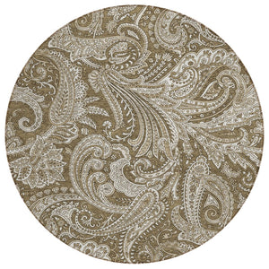 HomeRoots 5' Elegant Chocolate Beige Ivory Paisley Area Rug – Durable, Washable for Indoor & Outdoor Spaces 8' Round 580162