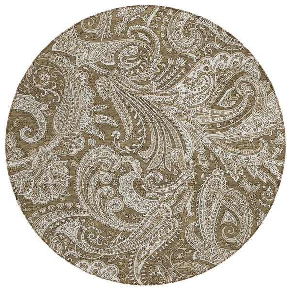 HomeRoots 5' Elegant Chocolate Beige Ivory Paisley Area Rug – Durable, Washable for Indoor & Outdoor Spaces 8' Round 580162