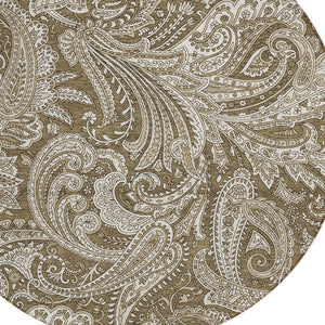 Homeroots 3' Stylish Green And Ivory Paisley Washable Area Rug For Indoor And Outdoor Spaces, Durable Design 8' Round Polyester 580162