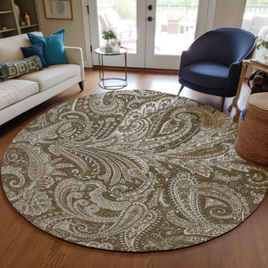 Homeroots 3' Stylish Green And Ivory Paisley Washable Area Rug For Indoor And Outdoor Spaces, Durable Design 8' Round Polyester 580162