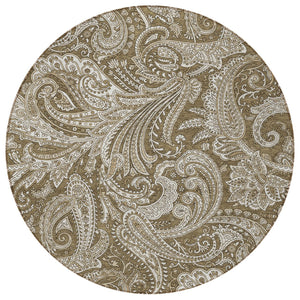 Homeroots 3' Stylish Green And Ivory Paisley Washable Area Rug For Indoor And Outdoor Spaces, Durable Design 8' Round Polyester 580162