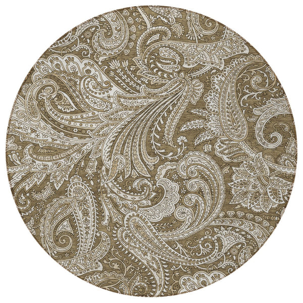 Homeroots 3' Stylish Green And Ivory Paisley Washable Area Rug For Indoor And Outdoor Spaces, Durable Design 8' Round Polyester 580162