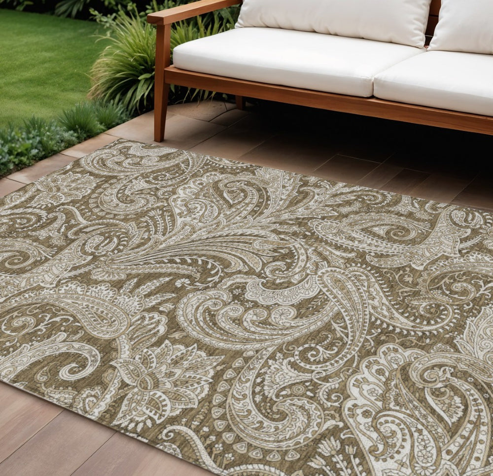 HomeRoots 5' Elegant Chocolate Beige Ivory Paisley Area Rug – Durable, Washable for Indoor & Outdoor Spaces 8' X 10' 580163