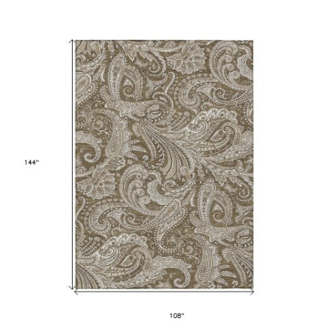 Homeroots 3' Stylish Green And Ivory Paisley Washable Area Rug For Indoor And Outdoor Spaces, Durable Design 9' X 12' Polyester 580164