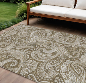 Homeroots 3' Stylish Green And Ivory Paisley Washable Area Rug For Indoor And Outdoor Spaces, Durable Design 9' X 12' Polyester 580164