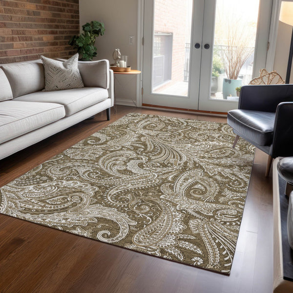 Homeroots 3' Stylish Green And Ivory Paisley Washable Area Rug For Indoor And Outdoor Spaces, Durable Design 9' X 12' Polyester 580164