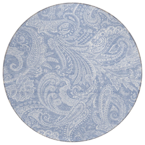 HomeRoots 5' Durable Paisley Area Rug in Denim Blue, Sky Blue & Ivory – Washable for Indoor & Outdoor Use 8' Round 580168