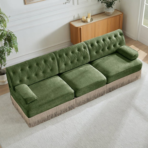 English Elm 3-seater Velvet Tufted Sofa with Tassel Fringe Skirt French Luxe Living Room Seating Green W714S01705